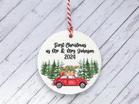 Ceramic Circle Decoration - first Xmas as Mr & Mrs personalised red car