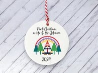 Ceramic Circle Decoration - Rainbow gonk personalised first xmas as mr & mrs