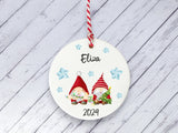 Ceramic Circle Decoration - Xmas gnome & snowflakes personalised child's name