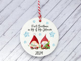 Ceramic Circle Decoration - Xmas gnome & snowflakes personalised first xmas as mr & mrs