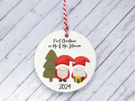 Ceramic Circle Decoration - Santa gonk personalised first xmas as mr & mrs