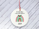 Ceramic Circle Decoration - Xmas rainbow personalised first xmas as mr & mrs