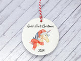 Ceramic Circle Decoration - Baby's first Xmas unicorn personalised