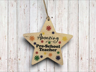 a wooden star ornament hanging on a wall