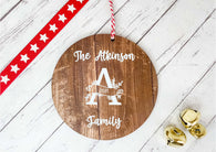 Dark Wood Circle Decoration - Monochrome monogram family name