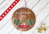 Dark Wood Circle Decoration - baby's first xmas red car