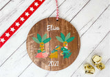 Dark Wood Circle Decoration - child's name festive dino