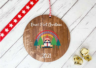 Dark Wood Circle Decoration - Rainbow gonk baby's first xmas