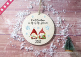 Wooden Circle Decoration - Xmas gnome & snowflakes first xmas as mr & mrs