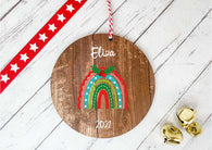 Dark Wood Circle Decoration - Xmas rainbow - child's name