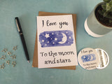 A6 Postcard Print with Wish Bracelet, Badge, Magnet or Keyring - Moon & Stars