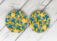 Wooden Earrings - Mustard & teal ghost pattern